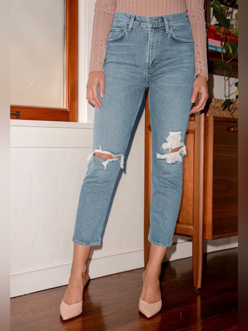 AGOLDE Wilder Mid Rise Straight Jeans Whiplash Distressed Size 28